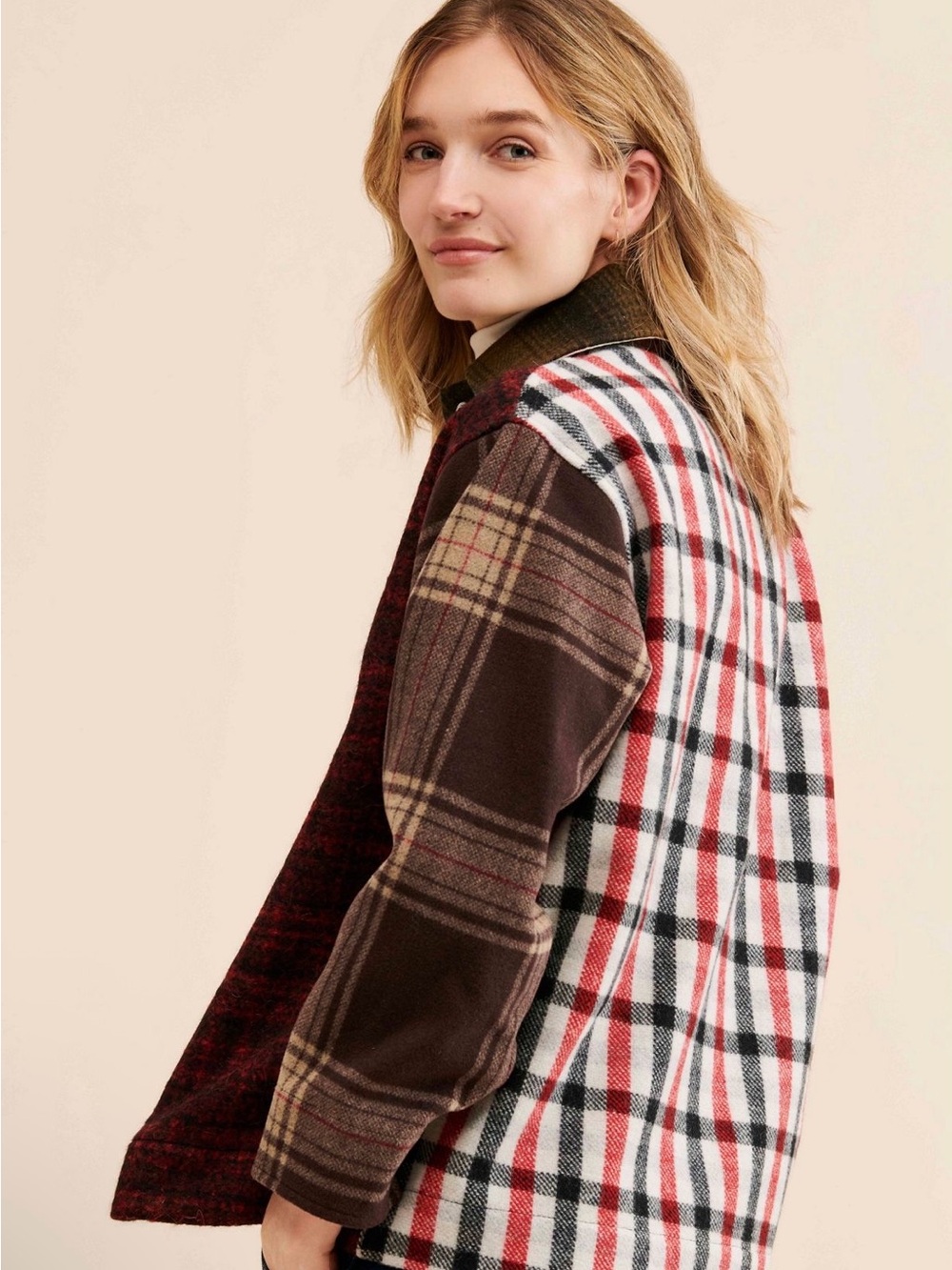 Mixed-Plaid Lightweight Overshirt Jacket - Brown, Red, White